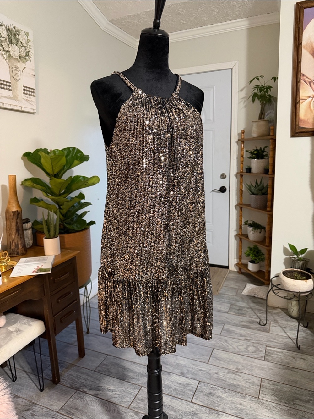 Taylor Metallic Bronze Sequin Mini Dress